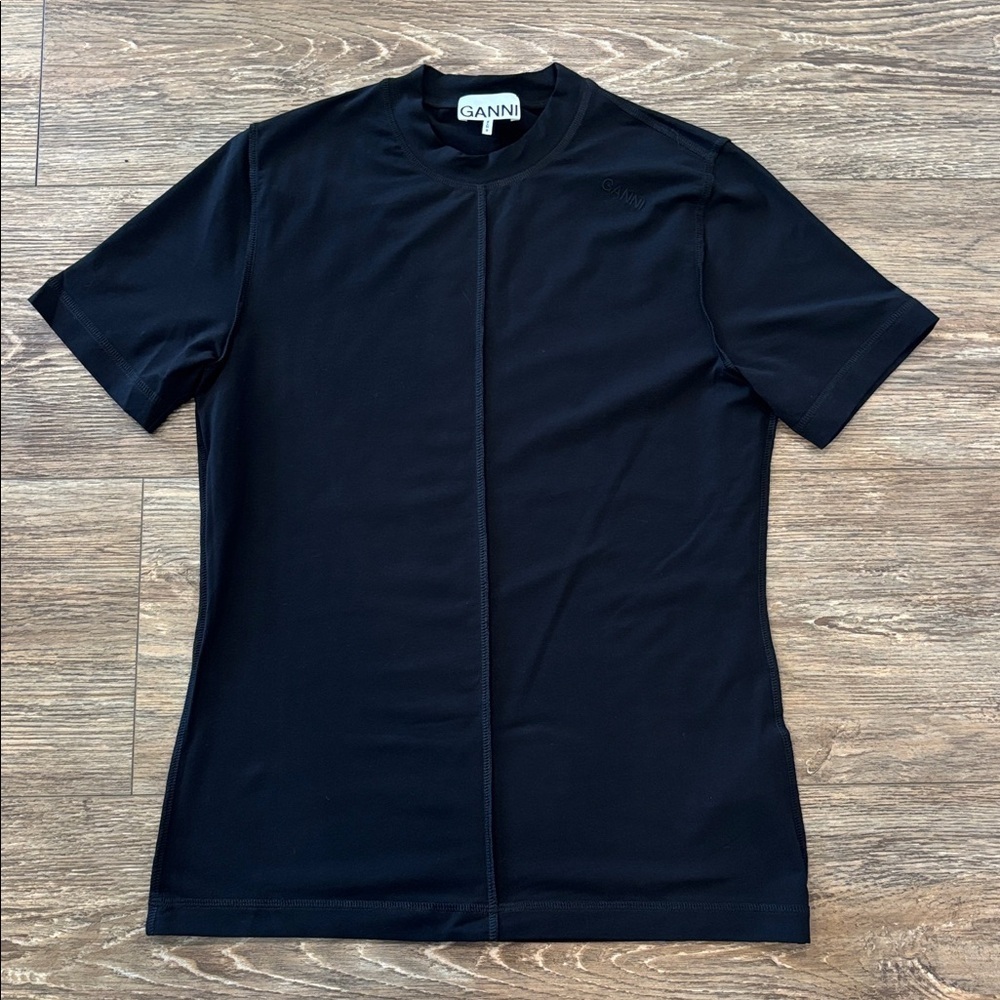 Ganni Exposed Seam Black Embroidered Logo T-Shirt Women's Size 8 Medium EUC